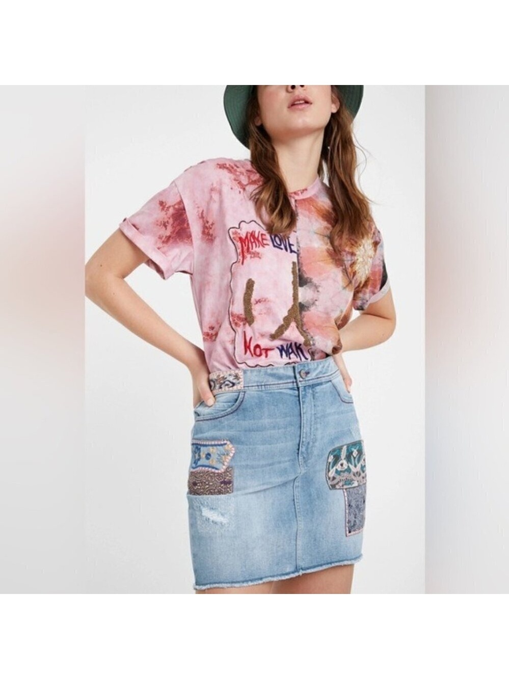 Desigual 100% Cotton patchwork boho raw hem jean Denim mini skirt size 28